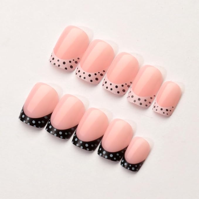 Polka Dot Press on Nails Short Square Fake Nails French Nails Press ons with Black White Dots Design,Reusable Artificial Nail Full Cover Glossy Glue on Nail Stick on Nails for Women Manicure 24 Pcs