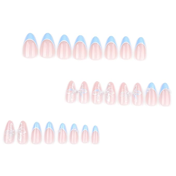 Short Almond Press on Nails French Fake Nails Blue False Nails with Floral and Pearl Designs Cute Artificial Nails Sparkly Handmade NailsFull Cover Stick on Nails for Women 24pcs