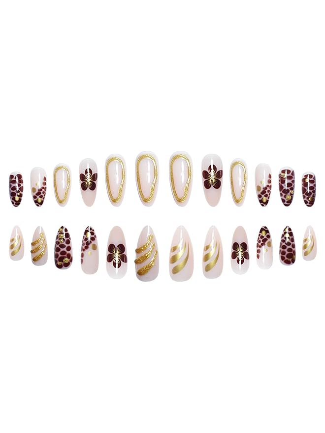 Long Press on Nails Almond Brown Fake Nails French Artificial Nails with Designs Glossy Acrylic Press ons Gold Charm Stick on Nails for Women 24pcs