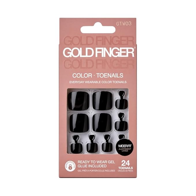 Goldfinger Press on Toenails Kit Wider Fit, Bold Glossy Black Color Toenail, Ready to Wear Gel & Manicure Stick, 2g Glue Included, Long-Lasting Convenient & Easy to Apply