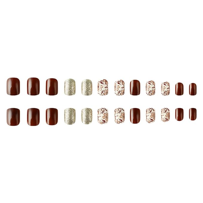 Fall Brown Press on Nails Short Square Fake Nails Autumn False Nails Press ons with Flower,Glitter Design Reusable Artificial Nail Full Cover Glue on Nail Stick on Nails for Women Manicure 24 Pcs