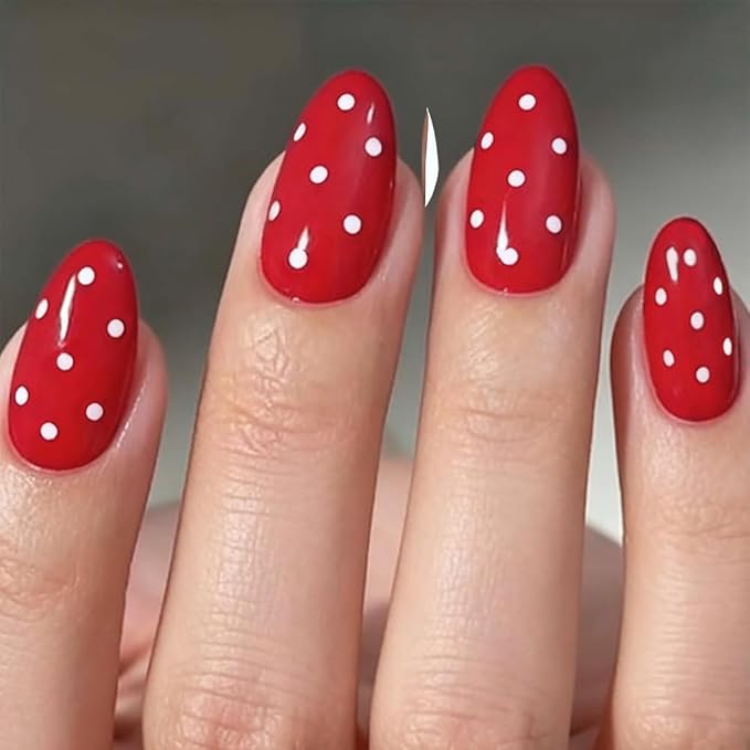 Red Press on Nails Polka Dot Fake Nails Christmas Short Almond False Nails Press ons Reusable Glue on Nails Acrylic Artificial Cute Stick on Nail for Women Nail Manicure 24Pcs