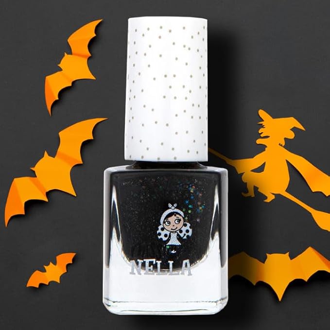 MISS NELLA Halloween Special Glitter Kids Nail Polish 3 Pack: Poppy Fields (orange), Surprise Party (black glitter) & Class Clown (red), Peel-off, Non- toxic, Water Based Formula