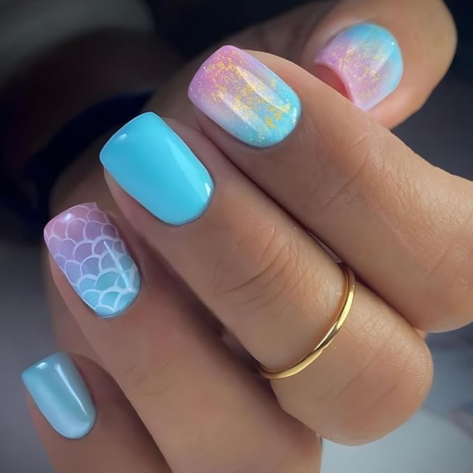 Press On Nails Summer Fake Short Square False Nails Press ons Gradient Designs Acrylic Stick On Nails Tips Glue On False Nails Kit For Women Manicure Decoration