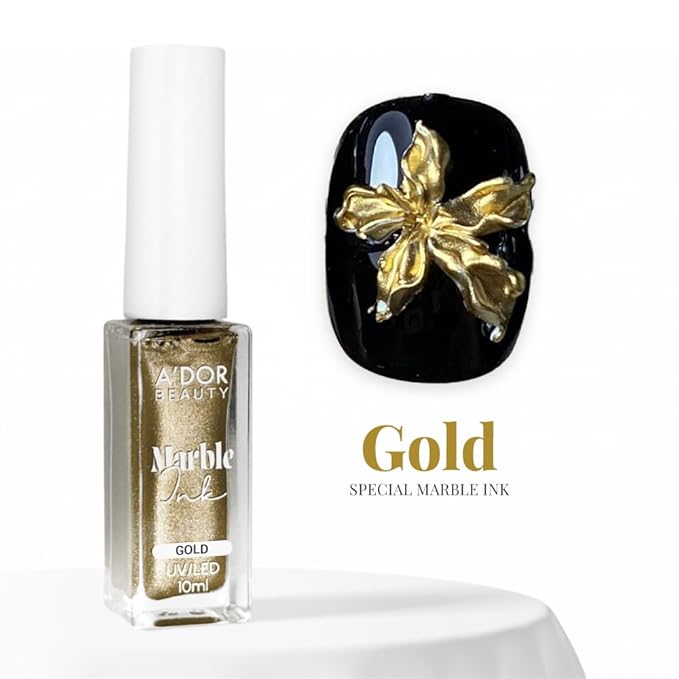 A'DOR BEAUTY Marble Ink for Nails Set - 12 Watercolors & 5 Metallic Shades, Blooming Gel Magic Nail Polish, Nail Art Supplies for Marbling, Veining & Abstract Nail Design - Metallic Marble Gold