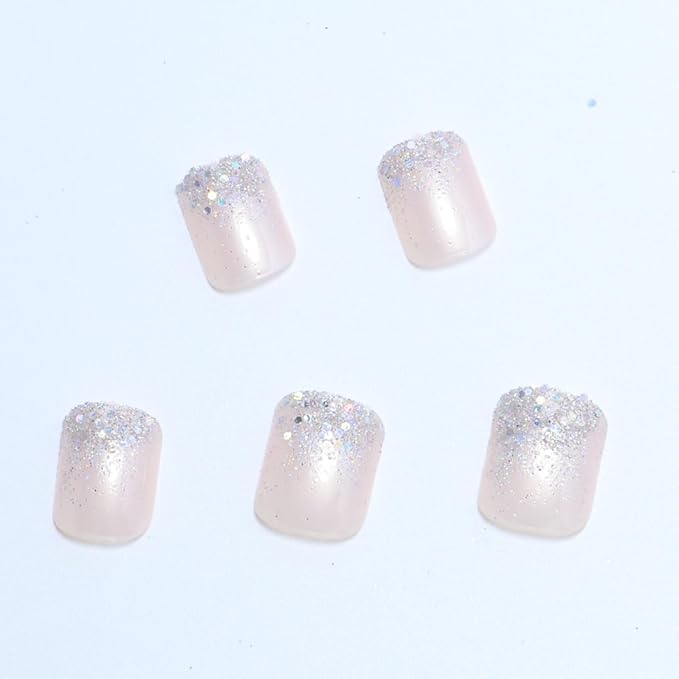Glitter French Press on Nails Short Square Fake Nails Nude Designs False Nails Shiny French Full Cover Glossy Reusable Acrylic Stick on Nails for Women Girls Light Luxury Manicure Decoration 24Pcs
