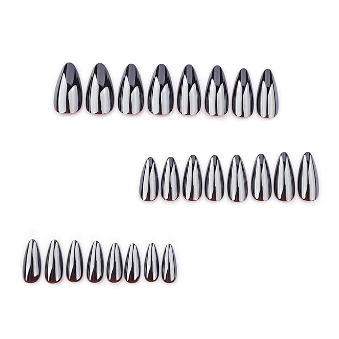 Black Chrome Press on Nails Almond Fake Nails Medium False Nails Press ons with Design Reusable Artificial Nail Full Cover Glossy Glue on Nail Stick on Nails for Women Halloween Manicure 24 Pcs