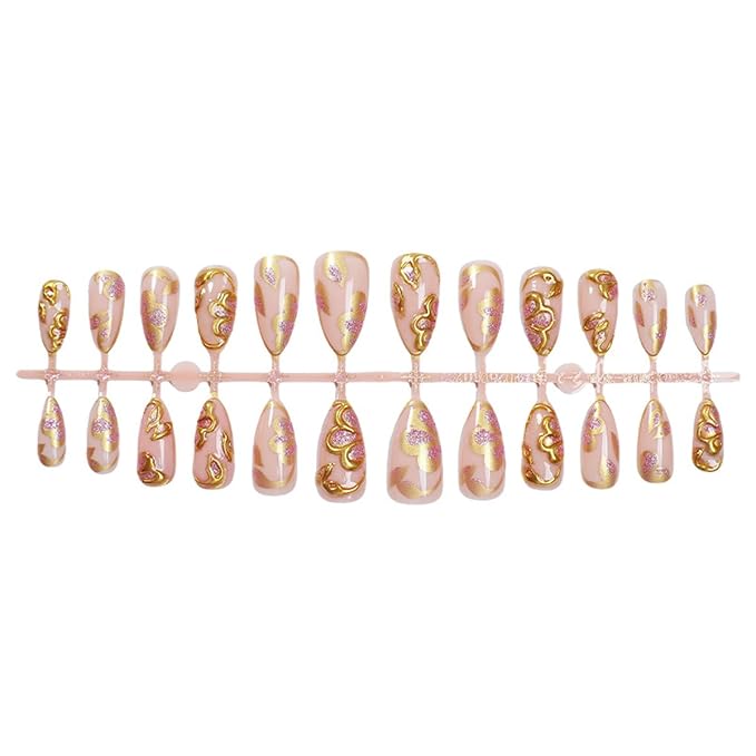 Gold Press on Nails Flower Fake Nails Medium Almond False Nails Press ons with Gold Floral Design,Reusable Artificial Nails Glossy Full Cover Stick on Nails for Women Manicure 24 Pcs