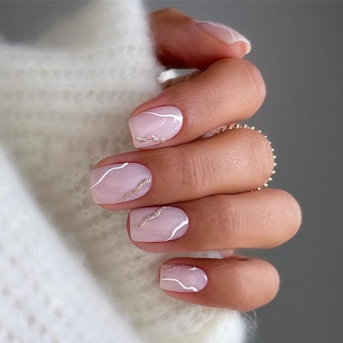 Light Pink Press On Nails - Short Square Glossy Fake Nails with White Gold Glitter Swirl Wave Designs - Reusable Artificial Nails Full Cover Glue on Nail Stick on Nails for Women Manicure 24Pcs