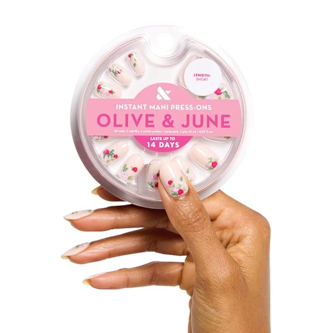 Olive & June Instant Mani Press-On Nails (Glue) | 42 Fake Nails, 21 Sizes | Non-Toxic, Long-Lasting Recycled Materials Realistic Look | Salon-Quality at Home | Short, Squoval | Rose Bouquets