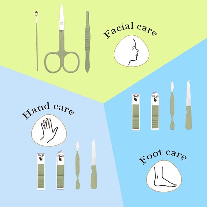 Nail Clippers Manicure Set Nail Tools Pedicure Supplies Fingernail Clippers for Women Easter Basket Stuffers Toenail Set Manicure Kit Fingernail Clipper 8 in 1 Pedicure Tools Green Leather Case