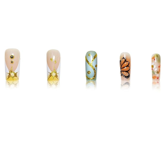Buttterfly Press on Nails Long Square Fake Nails French Tip Press on False Nails with 3D Butterfly and Ombre Design Acrylic Long Nails Press ons Stick on Nail for Women 24pcs