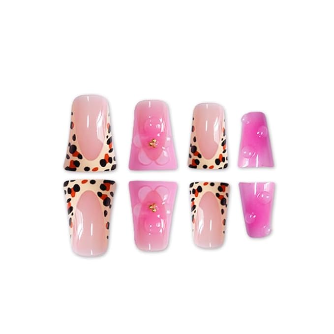 Leopard Print French Tip Press On Nails Pink Fake Nails Medium Duck False Nails with Design Flower Glossy Stick On Nails for Women Reusable Artificial Acrylic Full Cover Manicure 24Pcs