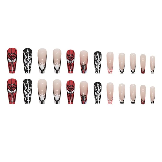 24 Pcs Halloween Fake Nails Long Black Spider Web Press on Nails Black Red French Tip False Nails Full Cover Halloween Glue on Nails Square Artificial Nails Halloween Acrylic Stick on Nails for Women