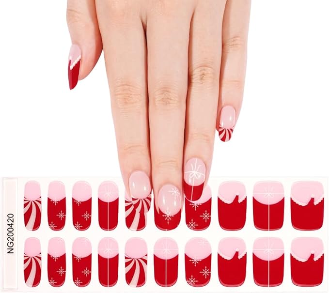 Semi Cured Gel Nail Strips 20 Pcs Christmas Red French Tip Gel Nail Wraps, Stickers, UV Light Required Nail Art Design Decoration Accessories