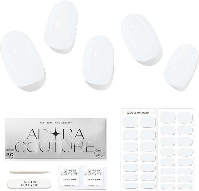 Semi Cured Gel Nail Strips with 30 Pieces - UV Gel Stickers, Manicure Kit, Easy Application Wraps Includes Prep Pads, Nail File, Wooden Stick - UV Light Required (Simple White)