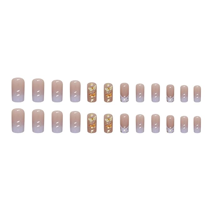 Butterfly Press on Nails Medium Square Fake Nails Purple French Tip False Nails with Designs Gold Foil Gradient Acrylic Glossy Glue on Nail Cute Artificial Stick on Nail for Women Manicure 24Pcs