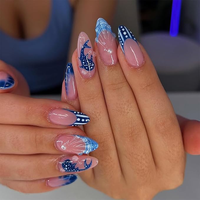 Almond Press on Nails Medium Summer Fake Nails Blue French Tip False Nails Press ons Ocean Fish Acrylic Nails Glossy Glue on Nail for Women Manicure 24Pcs