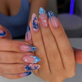 Almond Press on Nails Medium Summer Fake Nails Blue French Tip False Nails Press ons Ocean Fish Acrylic Nails Glossy Glue on Nail for Women Manicure 24Pcs