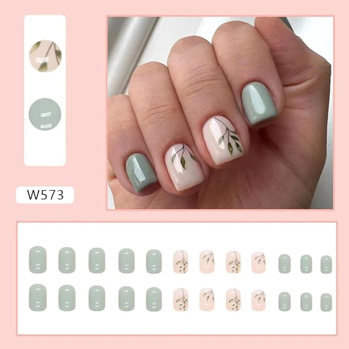 Curvlife Soft Gel Press on Nails 30pcs Fake Nails with Design Full Cover False Nails Tips for Women Reusable Nail Kit with Nail Glue Adhesive Tabs Nail File (Bamboo green)