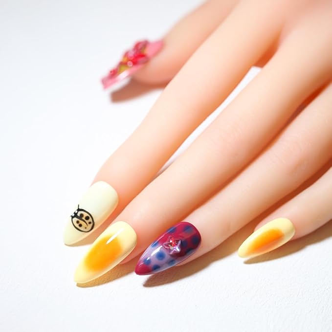 10PCS Luxury Handmade Press On Nails Nude Gradient Cat's Eye with Pearl Bow & Sparkling Rhinestones for Wedding & Party Reusable Almond Fake Nails Design Gift For Women and Girls (L01, M)