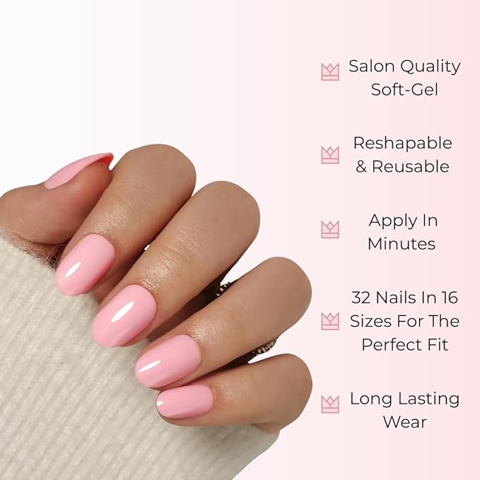 Press On Nails - Petal Pink I Solid Opaque Light Pastel Pink Short Oval Nails, Salon Quality, 32 Nails, 16 Sizes Kit with Glue and Adhesive Tabs - Female Founded
