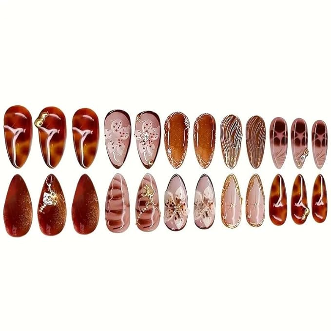 Almond Press on Nails Medium MABKJLF 3D Floral Fake Nails False Nails with Gold Curve Line Rhinestones Designs Amber Glossy Glue on Nail Autumn Fall Acrylic Nails for Women Girls 24Pcs