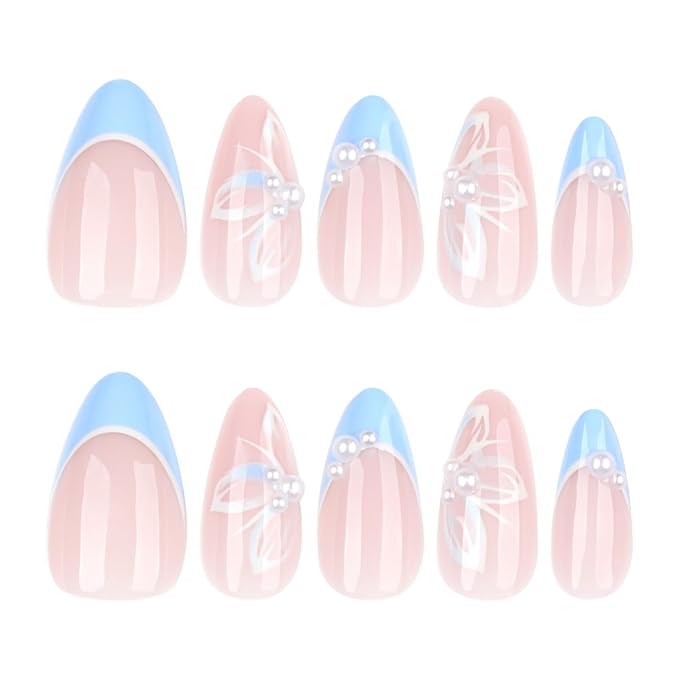 Short Almond Press on Nails French Fake Nails Blue False Nails with Floral and Pearl Designs Cute Artificial Nails Sparkly Handmade NailsFull Cover Stick on Nails for Women 24pcs