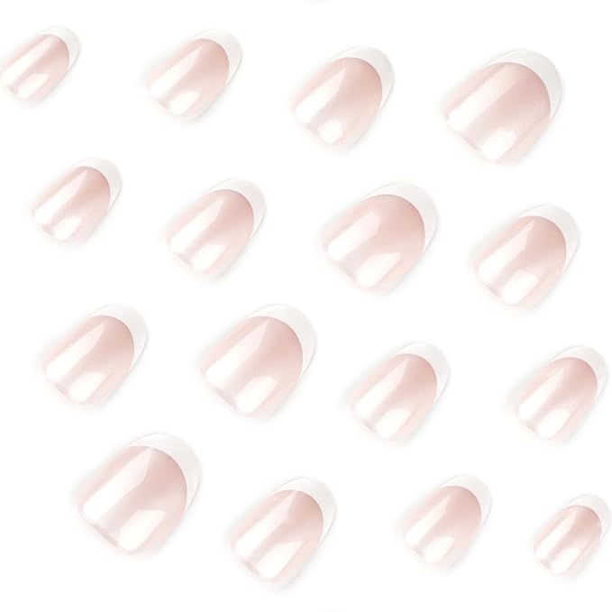 Pearl Glossy Press on Nails Short Oval Fake Nails French Nails Press ons with Design Full Cover Stick on Nails for Women Manicure,Reusable | Artificial | Nail Sticky Tabs | Easy Apply | 24 Pcs