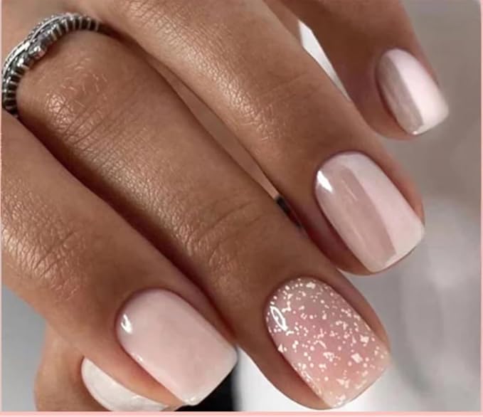 Curvlife Press On Nails Short Square Pink - Snowflake Glitter Press on Nails with Glue, White Snowflakes Sparkle Glossy False Nail Tips for Women Winter Christmas