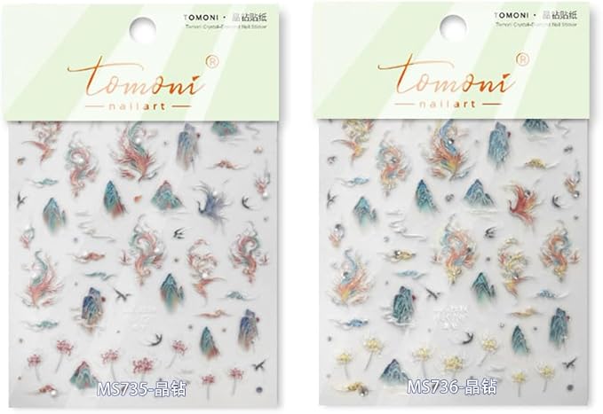 3D Asian Phoenix Nail Art Stickers, Mountain and Floral Design, Blue and Orange