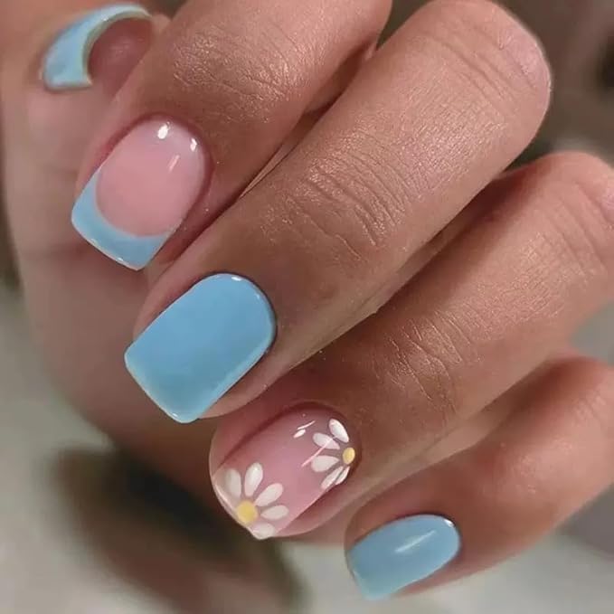 6 Packs (144 Pcs) Press on Nails Short Square Fake Nails Flower False Nails with Designs Spring Summer Floral Glue on Nails Full Cover Glossy Acrylic Stick on Nail for Women Manicure