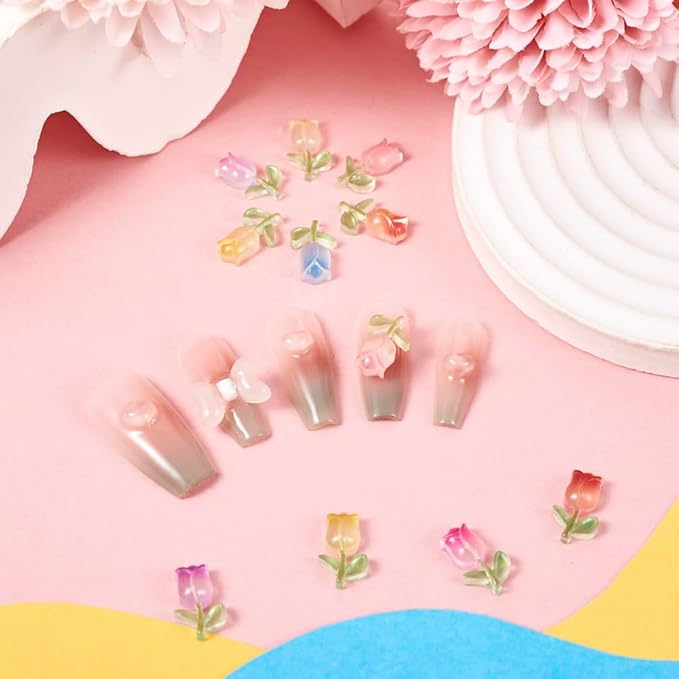 160Pcs Glow in The Dark Tulip Nail Charms Luminous Tulip Flower Nail Art Charms 3D Flower Nail Art Decoration for Manicure