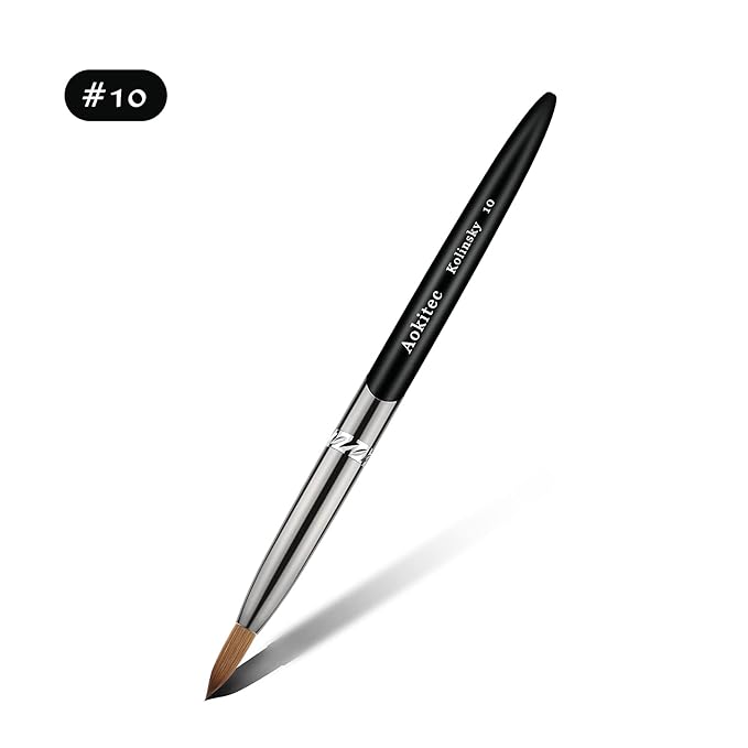 Aokitec 100% Kolinsky Acrylic Nail Brush #10 Oval Crimped Sable Acrylic Brush Wood Nail Art Brush for Acrylic Application Manicure Tool（Black）