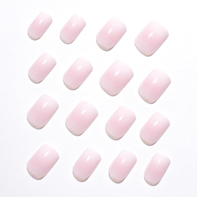 Light Pink Ombre Press On Nails Short Square, Gradient French Tip Designer Fake Nail Reusable Real Acrylic Nails for Women, Glossy Soft Gel False Nail with Glue On Nails,Wedding Stick On Nail