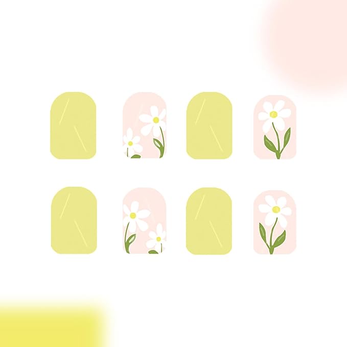 Short Press on Nails Square Fake Nails with Designs Flower Artificial Nails Yellow False Nails Summer Acrylic Nails Press ons Glossy Full Cover Stick on Nails for Women Girls 24Pcs