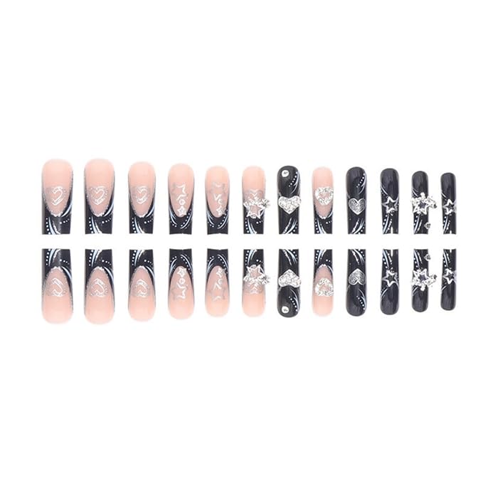 Black Press on Nails Long Square Fake Nails with Heart Star Charms Design French tips Glue on Nails Glossy Reusable False Nails for Women Girls Manicure 24pcs
