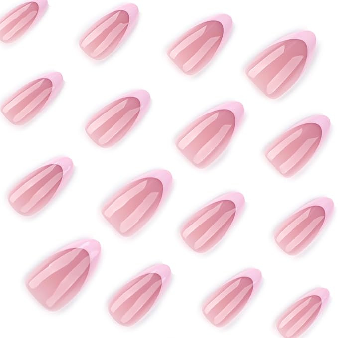 Pink Flower Press on Nails Medium Almond,Pink French Tip Fake Nails Press ons with Floral Design,Glossy Finish | Reusable | Nail Kit with Jelly Adhesive Tabs | 24 Pcs