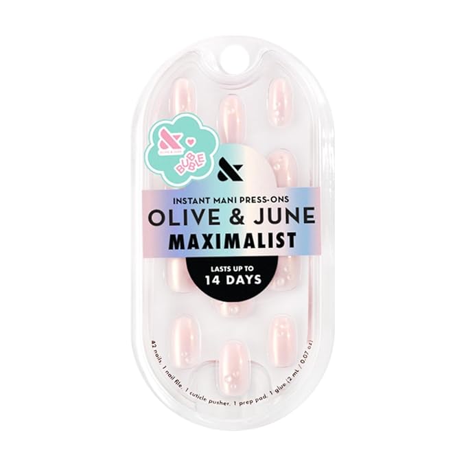 Olive & June Maximalist Instant Mani Press-On Nails (Glue) | 42 Fake Nails, 21 Sizes | Non-Toxic, Long-Lasting Big, Bold Gorgeous Realistic Look | Short, Round | Pink Bubble Pearlescent
