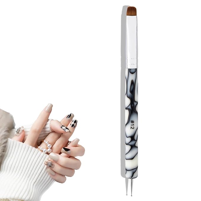 French Manicure Brush - 2 Way Nail Art Brush with Dotting Tool for Cuticle Clean Up & Nail Art Design - Professional Salon Quality, Dotting Pen (White, 12#)