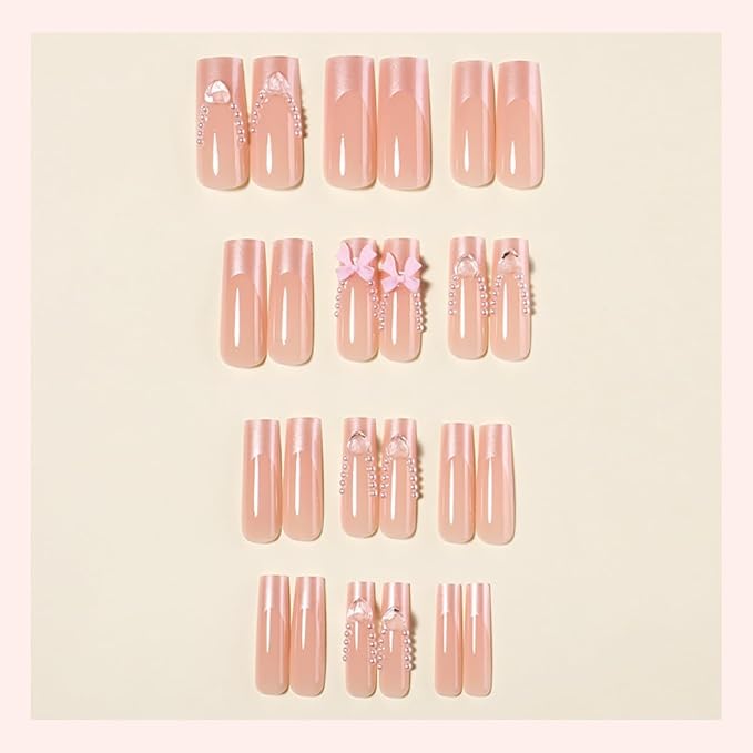 24Pcs Pink French Tip Press on Nails Long Square Fake Nails with 3D Bow Heart Glue on Nails Valentines False Nails Glossy Nude Pink Stick on Nails Cute Bow Acrylic Nails for Women Daily Wear Manicure