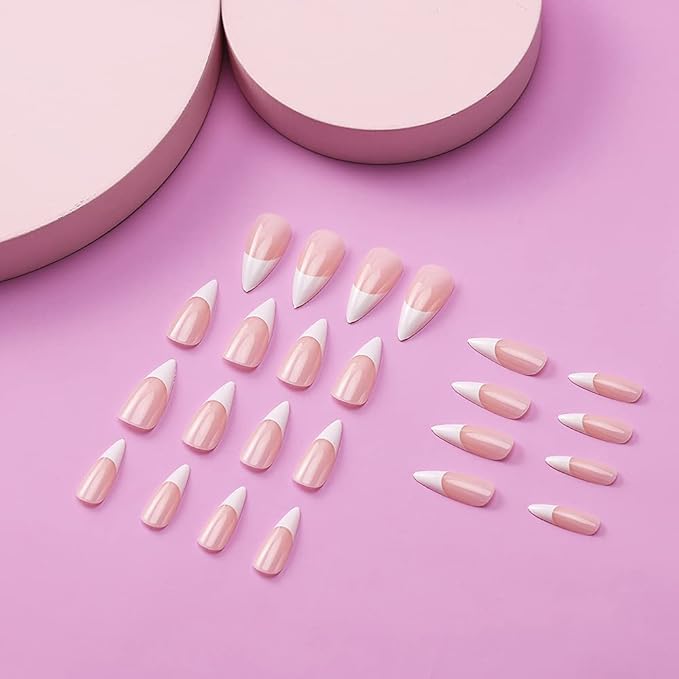Morily 24pcs Fake Nails Pink White Glossy Medium Long Stiletto Almond Press on Nail False Tips Artificial Finger Manicure for Women (French)