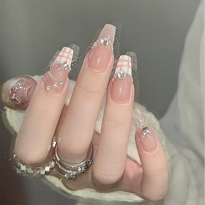 Press on Nails Medium Long French White Pink Grid False Nails with Rhinestones Glossy Fake Nail Tips Artificial Manicure for Women and Girls – 24pcs with Glue Kit (White Pink Grid)