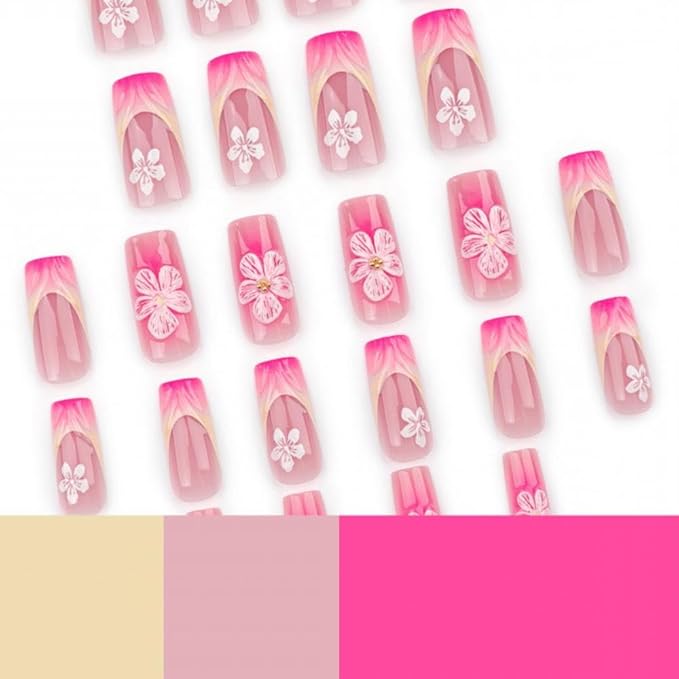 Ombre Pink Orange Press on Nails Medium Square Fake Nails with White Flower Charm Design Yellow Pink French Tips Stick on Nails Handmade Glue on Nails Glossy Summer False Nails for Women 24Pcs