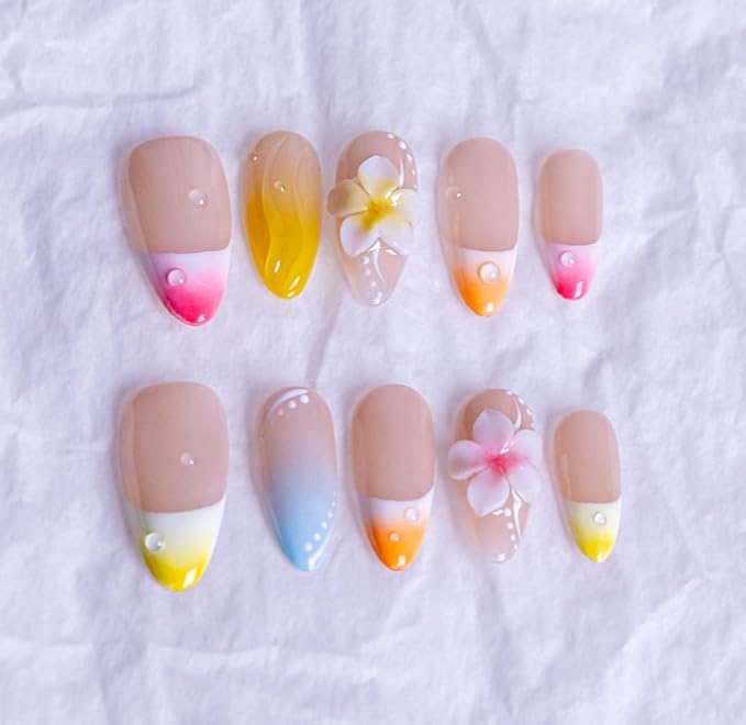 10PCS Luxury Handmade Press On Nails Nude Gradient Cat's Eye with Pearl Bow & Sparkling Rhinestones for Wedding & Party Reusable Almond Fake Nails Design Gift For Women and Girls (25903, M)