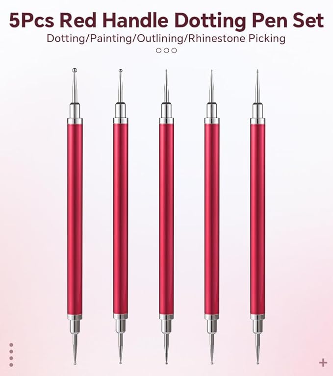 5Pcs Nail Art Dotting Tool Set Double-Ended Dotting Pens & Embossing Stylus for Gel & Acrylic Nails Manicure Brush for Nail Design, Painting, Sculpting & DIY Decorations (Red)