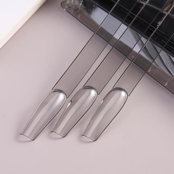 150 Pcs Nail Swatch Sticks with Ring, Transparent Black Ballerina Nail Art Tips, Long Coffin False Nail Sample Sticks, Polish Gel Display Practice Tools Nail Supplies for Home or Salon Use