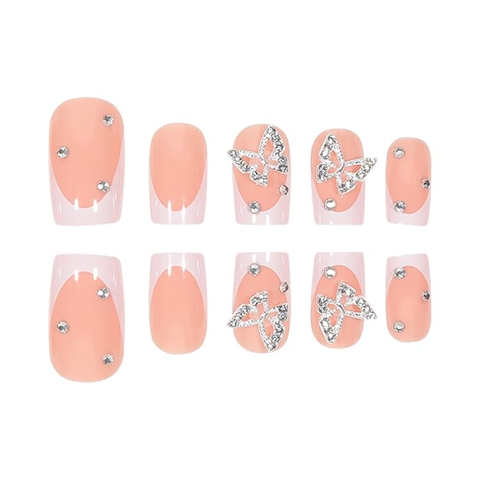 Press on Nails Extra Short Square MABKJLF French Tip Fake Nails Nude Full Cover Glue on Nails Rhinestones False Nails Butterfly Charm Acrylic Nails Stick on Nails Artificial Nails for Women Girls