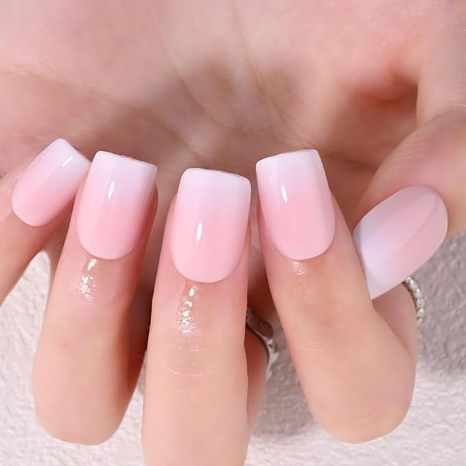 Pink White Ombre French Tip Press on Nails, Short Square Acrylic Fake Nails Design, Natural Reusable Nails Kit for Women DIY False Nail Art Decoration Gift, Salon Quality Reusable 15/30 Psc