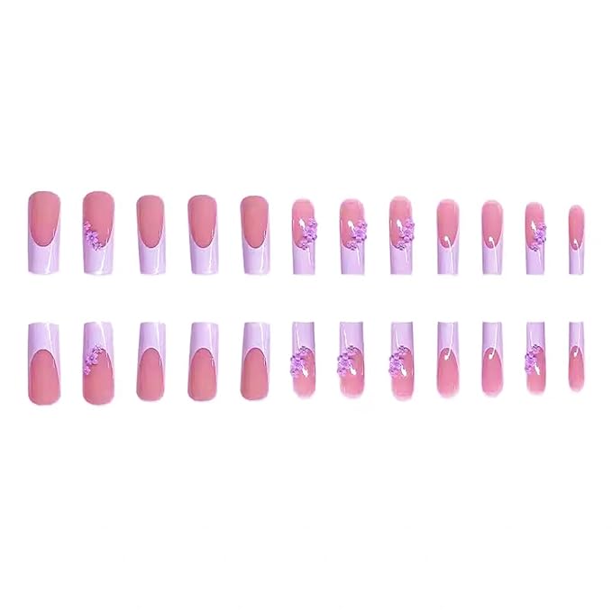 48Pcs Square Press on Nails Long & Press on Toenails Set, French Tip Press on Nails with Purple Flower Charms Design False Nails Short Press on Toenails Full Cover Glue on Nails for Women Manicure
